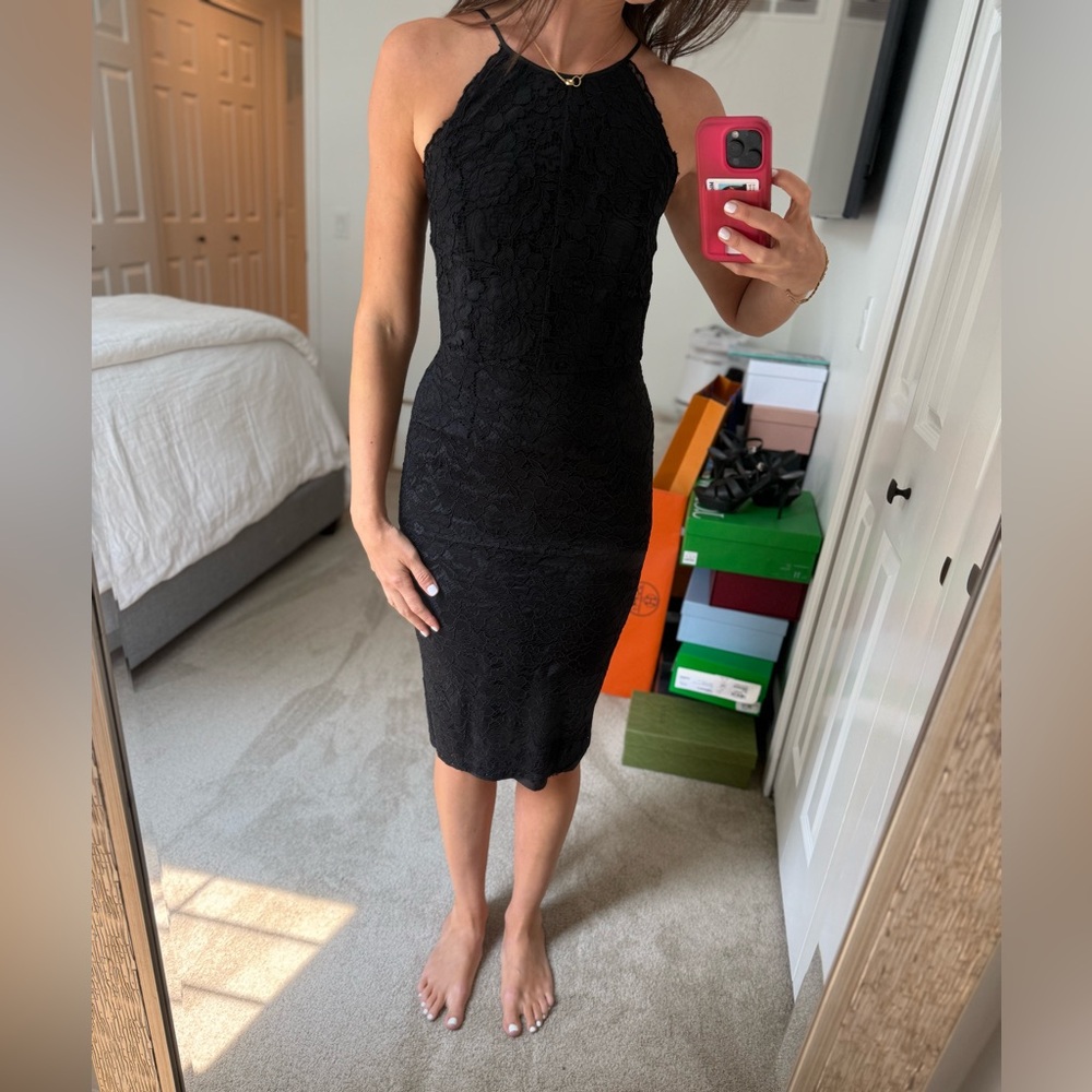 Yumi Kim Elegant Black Lace Halter Midi Dress